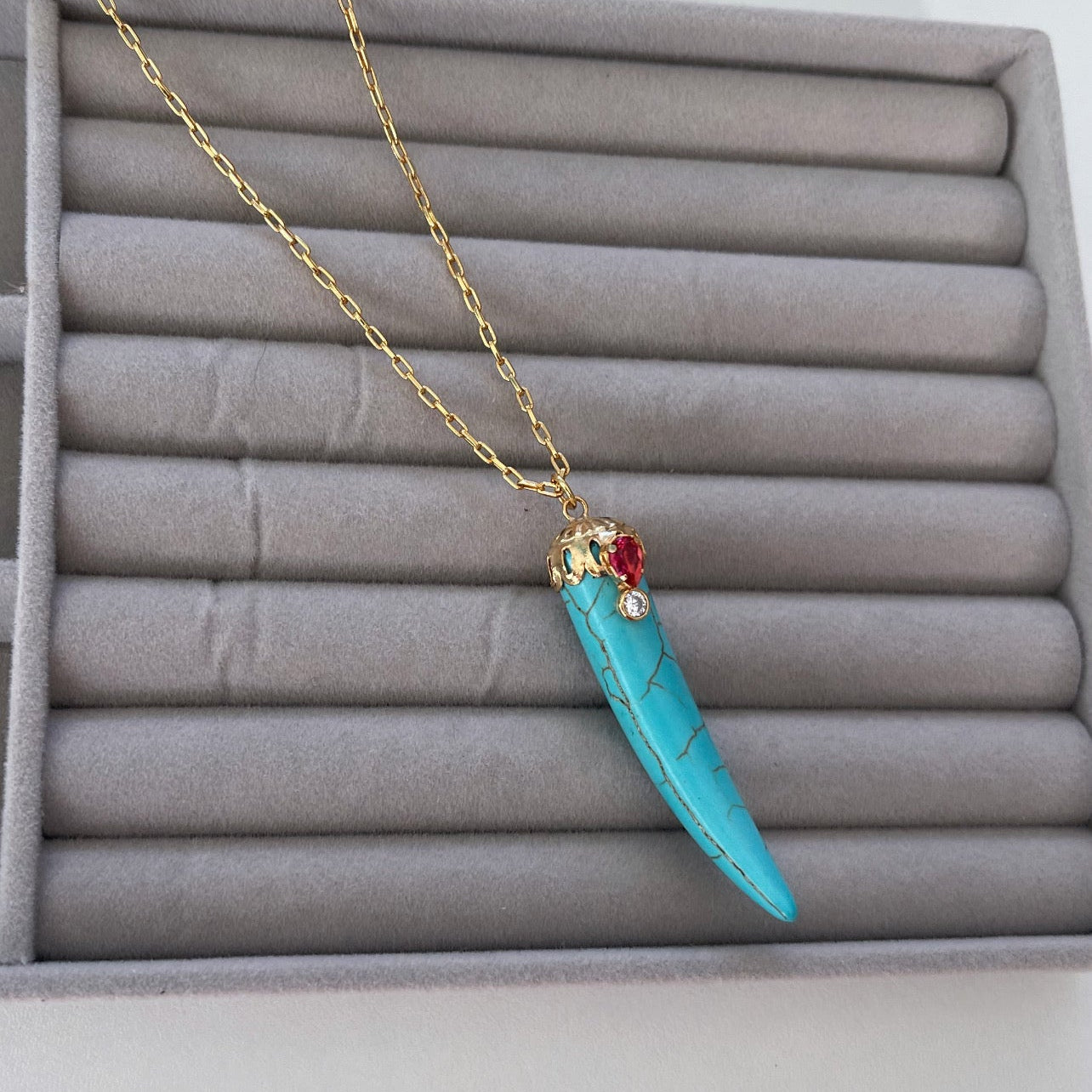 Colar longo Dente pedra Turquesa